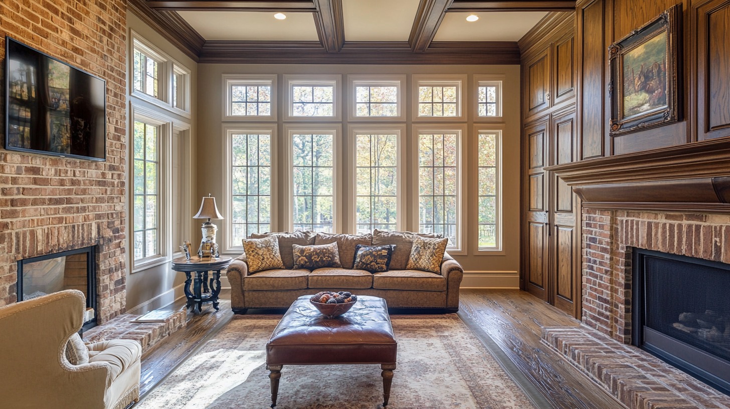 A cozy and elegant living room featuring large windows that flood the space with natural light. The room is adorned with warm-toned brick paneling on the fireplace and rich wood paneling on the walls, creating a classic, inviting atmosphere. A plush beige sofa with decorative pillows and a leather ottoman adds comfort and charm to the room.